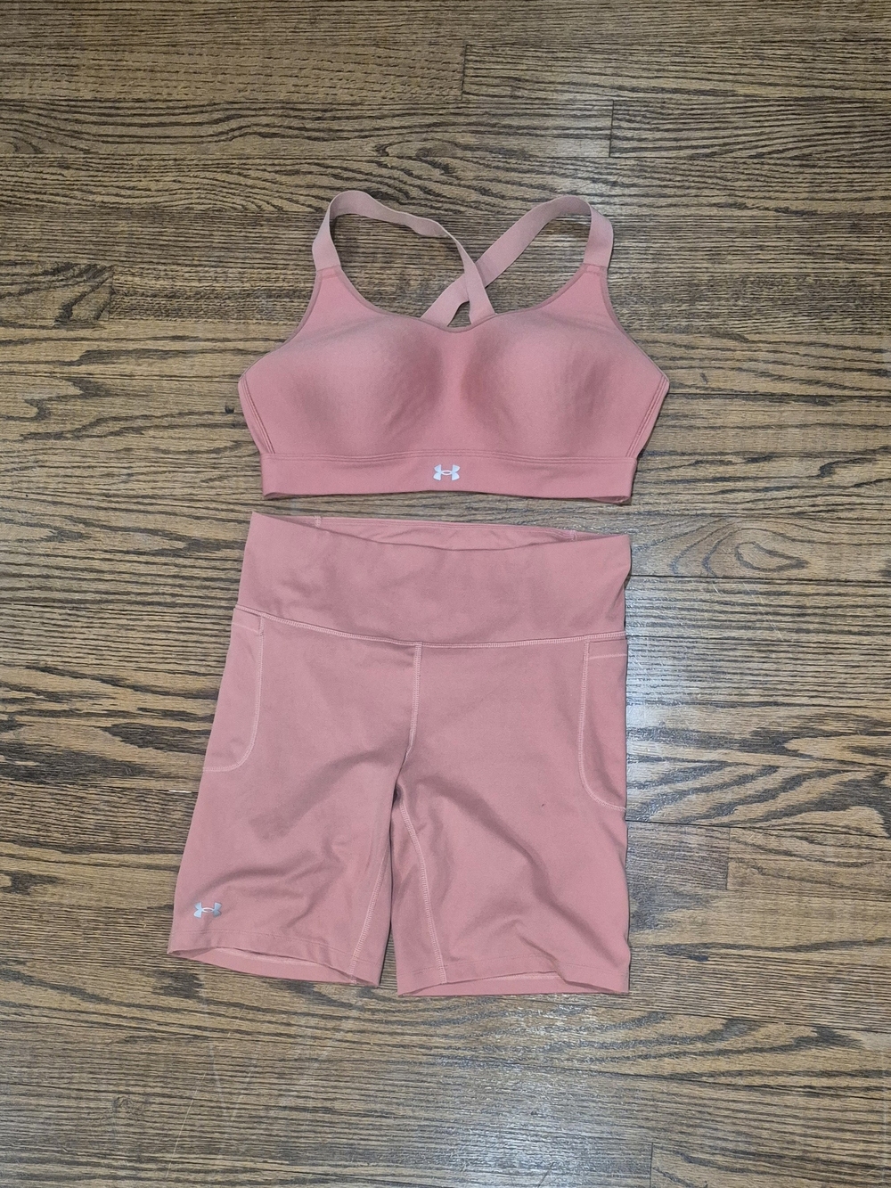 Under Armour Women's Rose Pink Sports Bra & High-Waist Bike Shorts Set Size L
